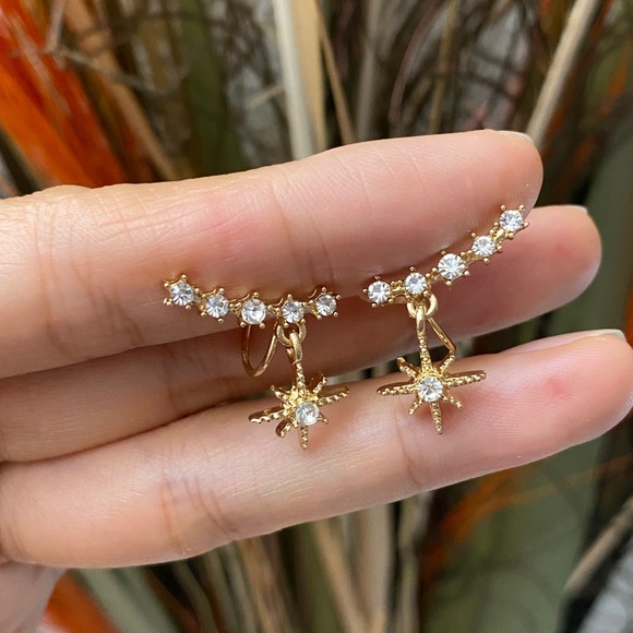Clip On Star Earrings,Gold CZ Star Clip On Earrings, Climber Clip On Earrings - Picture 3 of 5